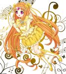  1girl boots bow brooch bubble_skirt choker circlet cure_muse_(yellow) dress frills hair_ribbon heart hoxi jewelry long_hair magical_girl musical_note open_mouth orange_hair pink_eyes precure ribbon shirabe_ako solo suite_precure yellow_dress 