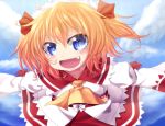  1girl ascot blue_eyes blue_sky close-up clouds fang hair_ribbon headdress igap juliet_sleeves long_sleeves looking_at_viewer open_mouth outstretched_arms puffy_sleeves redhead ribbon short_hair skirt skirt_set sky solo spread_arms sunny_milk touhou 