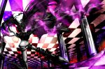  1girl asymmetrical_hair black_hair black_rock_shooter chain checkered greaves hair_ornament highres insane_black_rock_shooter long_hair navel open_mouth pale_skin solo stitches twintails violet_eyes 