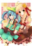  2girls :&lt; ahoge alternate_costume blonde_hair blue_eyes blue_hair blush bow braid checkered checkered_background frills hair_bobbles hair_bow hair_ornament hair_ribbon hat highres kawashiro_nitori key kirisame_marisa kneehighs leaning_on_person long_sleeves looking_at_viewer multi-colored_eyes multiple_girls no_hat no_headwear open_mouth pukichan18 ribbon short_hair single_braid skirt sleeves_past_wrists star_hair_ornament touhou twintails vest wink zipper 