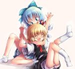  2girls arms_up ascot bloomers blue_dress blue_eyes blue_hair blush bow choke_hold cirno closed_eyes dress fang hair_bow hair_ribbon hakkotsu_shitai happy_tears ice ice_wings legs_up multiple_girls no_shoes open_mouth pink_background playing ribbon rumia shirt short_hair short_sleeves simple_background sitting skirt skirt_set smile strangling tears touhou underwear vest wings 