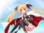  1girl armor bardiche bare_shoulders belt blonde_hair blush cape fate_testarossa gloves hair_ribbon highres long_hair lyrical_nanoha mahou_shoujo_lyrical_nanoha mahou_shoujo_lyrical_nanoha_a&#039;s mahou_shoujo_lyrical_nanoha_the_movie_2nd_a&#039;s open_mouth outstretched_hand red_eyes ribbon skirt solo thigh-highs twintails very_long_hair 