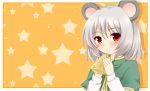  1girl :t animal_ears blue_eyes bust capelet cheese eating grey_hair mouse_ears nazrin nnyara red_eyes short_hair solo star touhou 