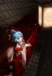  1girl blue_eyes blue_hair chopsticks east_asian_architecture hair_ornament hair_rings hair_tubes highres lantern luo_tianyi night rooftop vocaloid wei_ji 