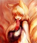  1girl animal_ears blonde_hair blush fox_ears fox_tail hand_to_own_mouth highres mizuga no_hat no_headwear seductive_smile short_hair smile solo tail touhou yakumo_ran yellow_eyes 