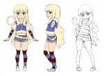  1girl belt blonde_hair character_sheet detached_sleeves flat_chest green_eyes grin long_hair magister_(bigbakunyuu) navel original pigeon-toed shiratama_liliana short_shorts shorts smile solo striped striped_legwear striped_sleeves thigh-highs very_long_hair 