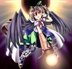  1girl alternate_hairstyle arm_cannon black_legwear blush blush_stickers bow brown_hair cape fangs hair_bow highres long_hair mismatched_legwear open_mouth red_eyes reiuji_utsuho skirt smile solo star third_eye touhou weapon wings 