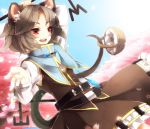  1girl animal_ears basket belt blue_sky capelet cherry_blossoms dowsing_rod gem grey_hair jewelry long_sleeves mouse mouse_ears mouse_tail nazrin necklace open_mouth pendant red_eyes sayuma shirt skirt skirt_set sky smile solo tail touhou tree 