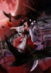  1girl absurdres bbkid black_hair east_asian_architecture fan feathers hat highres japanese_clothes lips open_mouth raven shameimaru_aya solo sword tokin_hat touhou weapon yellow_eyes 