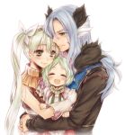  1boy 2girls :d ^_^ blush closed_eyes diras frey_(rune_factory) gloves green_hair hair_ribbon hug multiple_girls open_mouth ribbon rune_factory_4 silver_hair smile twintails utsugi_(skydream) 