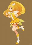  1girl bike_shorts blonde_hair boots brown_background choker cure_peace double_v dress fuyube_(pff) highres kise_yayoi leg_up long_hair magical_girl orange_bike_shorts ponytail precure shorts_under_skirt skirt smile smile_precure! solo tiara v wrist_cuffs yellow_dress yellow_eyes 