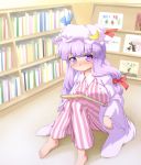  1girl barefoot blush book bookshelf bow breast_rest breasts chen children&#039;s_book crescent dress eyebrows frown hair_bow hat hat_ribbon kirisame_marisa knees_up koakuma long_hair looking_at_viewer mob_cap patchouli_knowledge purple_hair ribbon robe sitting solo touhou violet_eyes waribashi-p 