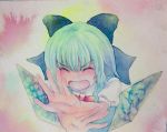  1girl blue_eyes blue_hair bow cirno closed_eyes hair_bow highres ice ice_wings open_mouth screaming short_hair solo touhou traditional_media watercolor_(medium) wings x_arms yuyu_(00365676) 