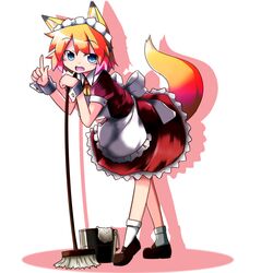  1girl alternate_costume animal_ears apron bent_over blonde_hair blue_eyes bucket enmaided fang flat_chest fox_ears fox_tail frills inada_(masu_shu) kitsune maid maid_headdress mary_janes masu_shu mop original raised_finger shoes short_hair short_sleeves silhouette smile socks solo tail wrist_cuffs 