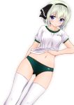    1girl alternate_costume blue_eyes blush buruma collarbone gym_uniform hair_ribbon k2 konpaku_youmu looking_at_viewer midriff navel ribbon shirt shirt_lift short_hair short_sleeves silver_hair solo thigh-highs touhou white_legwear 