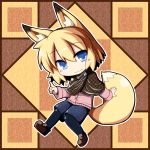  1girl animal_ears blonde_hair blue_eyes cardigan checkered checkered_scarf chibi fox_ears fox_tail highres inada_(masu_shu) original pantyhose raised_finger scarf short_hair shorts smile solo tail unmoving_pattern 