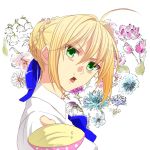  1girl ahoge almightyx124 blonde_hair bowl fate/stay_night fate_(series) flower green_eyes hair_ribbon looking_at_viewer ribbon rice saber solo 