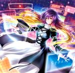  1girl arm_ribbon black_dress blonde_hair dress gradient_hair hijiri_byakuren layered_dress long_hair long_sleeves multicolored_hair outstretched_arms outstretched_hand purple_hair ria smile solo touhou turtleneck very_long_hair virtual_reality white_dress wide_sleeves yellow_eyes 