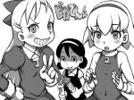  3girls :o bare_shoulders blush candle character_request dress e10 greyscale grin hairband long_hair looking_at_viewer monochrome multiple_girls navel parted_lips short_hair smile translation_request v 