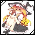 1girl animal_ears blonde_hair bow braid cat_ears hat hat_bow highres kemonomimi_mode kirisame_marisa long_hair mary_janes shoes short_sleeves side_braid single_braid smile solo touhou witch_hat yellow_eyes 