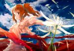  1girl flower green_eyes idolmaster orange_hair petals sky smile takatsuki_yayoi twintails yae_(mono110) 