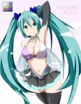  1girl arm_up artist_name breasts character_name cleavage elbow_gloves gloves green_eyes green_hair hatsune_miku headset long_hair navel see-through skirt smile solo thighhighs tsuti twintails very_long_hair vocaloid 