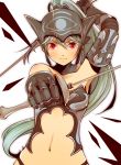  1girl amazake armor character_request copyright_request green_hair helmet long_hair navel ponytail red_eyes simple_background solo sword weapon white_background 