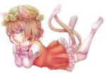  1girl animal_ears blue_eyes brown_hair cat_ears cat_tail chen dress frills head_rest jewelry juliet_sleeves long_sleeves looking_away lying mob_cap mochi0103 multiple_tails no_shoes on_stomach outline puffy_sleeves short_hair simple_background single_earring solo tail thigh-highs touhou white_background 
