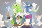  2girls ahoge alchemic_magician belt blue_hair breasts duel_monster goggles green_eyes green_hair jewelry long_hair midriff multiple_girls necklace pages skirt slacker_magician test_tube very_long_hair yuu-gi-ou 