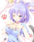  1girl animal_ears blue_eyes blush breasts cat_ears cat_tail cleavage collarbone hair_rings hair_stick highres kaku_seiga kemonomimi_mode large_breasts looking_at_viewer open_vest paw_pose paw_print pen-zin puffy_sleeves purple_hair shawl shirt short_sleeves smile solo tail touhou wink 
