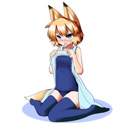  1girl animal_ears bare_shoulders blonde_hair blue_eyes blue_legwear blush dress dress_lift flat_chest fox_ears fox_tail highres inada_(masu_shu) masu_shu one-piece_swimsuit original short_hair sitting solo sundress swimsuit swimsuit_under_clothes tail thigh-highs wariza 