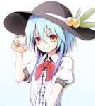  &gt;:) 1girl 40cabbage alternate_hair_length alternate_hairstyle ascot blue_hair frog hat hinanawi_tenshi red_eyes short_hair solo squeezing touhou 