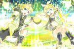  1boy 1girl 1ten aqua_eyes blonde_hair brother_and_sister gloves hair_ornament hair_ribbon hairclip headphones headset hoodie jacket kagamine_len kagamine_len_(append) kagamine_rin kagamine_rin_(append) leg_warmers navel open_clothes open_jacket ribbon short_hair shorts siblings smile tank_top twins vocaloid vocaloid_append 