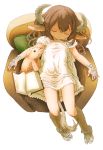 absurdres animal_ears book bookmark brown_hair chair child closed_eyes dress feral_lemma highres hooves horns jewelry long_hair monster_girl original pillow sitting sleeping stuffed_pig stuffed_toy tail 