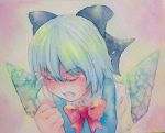  1girl blue_eyes blue_hair bow cirno closed_eyes crying hair_bow highres ice ice_wings open_mouth short_hair solo tears touhou traditional_media watercolor_(medium) wings yuyu_(00365676) 