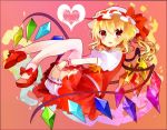  1girl ascot blonde_hair bloomers blush bow broken_chain fang flandre_scarlet garter_straps hat hat_bow heart looking_at_viewer open_mouth pink_eyes puffy_sleeves remimim shirt short_sleeves side_ponytail skirt skirt_set smile solo thigh-highs touhou underwear upskirt vest white_legwear wings wrist_cuffs 