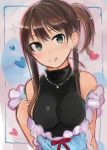  1girl :q apron breasts brown_hair earrings green_eyes idolmaster idolmaster_cinderella_girls jewelry long_hair necklace nerotarou@seven ponytail shibuya_rin smile solo tongue tongue_out turtleneck 