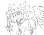  2girls animal_ears blush braid cat_ears closed_eyes couple gomi_(gomitin) highres kaenbyou_rin kiss lineart long_hair monochrome multiple_girls reiuji_utsuho touhou twin_braids wings yuri 