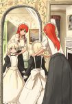  2girls apron blue_eyes braid child curtains green_eyes grey_eyes hair_ribbon hands_on_shoulders height_difference hong_meiling izayoi_sakuya juliet_sleeves long_hair long_sleeves maid maid_headdress mirror multiple_girls painting_(object) puffy_sleeves redhead ribbon shiba_murashouji shirt short_hair silver_hair skirt sleeves_rolled_up smile touhou twin_braids window young 