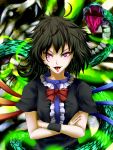  1girl asymmetrical_wings black_hair crossed_arms dress fangs fingernails gradient gradient_background haru-kun highres houjuu_nue light_trail looking_at_viewer messy_hair open_mouth red_eyes ribbon short_hair slit_pupils snake solo touhou wings wrist_cuffs 