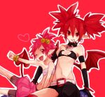  2girls bat_wings belt choker demon_girl demon_tail disgaea earrings etna fangs flat_chest hanako heart jewelry kaikun looking_at_viewer makai_senki_disgaea_2 mouth_hold multiple_girls navel open_mouth pink_eyes pink_hair pointy_ears red_background red_eyes redhead short_hair shorts skull tail twintails wings wink 