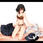  1girl absurdres black_hair blush bra breasts hat hat_removed headwear_removed highres letterboxed panties red_eyes s-syogo short_hair solo tears touhou underwear usami_renko 
