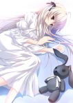  1girl brown_eyes dress fuyuki_rito highres kasugano_sora stuffed_animal stuffed_bunny stuffed_toy white_hair yosuga_no_sora 