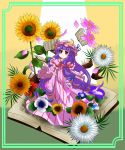  1girl :&lt; book border bow capelet crescent daisy dress flower hair_bow hat hat_ribbon highres leaf long_hair looking_away mob_cap morning_glory mukyuu open_book patchouli_knowledge purple_hair raised_hand red_eyes red_rose ribbon robe rose ryouryou solo sunflower touhou very_long_hair yellow_background 