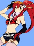  ayam belt bikini_top blush breasts elbow_gloves fingerless_gloves gloves hair_ornament hair_stick highres long_hair navel pink_legwear ponytail redhead scarf shorts skull_hair_ornament smile sunglasses tengen_toppa_gurren_lagann thigh-highs yellow_eyes yoko_littner 