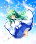 1girl ^_^ bare_shoulders blue_sky blush breasts bust closed_eyes clouds detached_sleeves expressive_clothes flying frog_hair_ornament gohei green_hair hair_ornament kochiya_sanae large_breasts long_hair long_sleeves looking_at_viewer navel open_mouth osashin_(osada) petals skirt skirt_set sky smile snake_hair_ornament solo touhou very_long_hair wide_sleeves wink yellow_eyes 