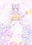  1girl bare_shoulders bishoujo_senshi_sailor_moon blue_eyes bracelet crescent double_bun dress facial_mark flower forehead_mark jewelry long_hair moon_stick necklace pink_rose princess_serenity puffy_sleeves rose sayococco smile solo staff tsukino_usagi twintails white white_background white_dress white_hair wings 