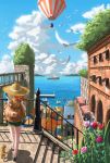  1girl backpack bag balloon bird building cat cityscape clouds flower from_behind hat highres nauimusuka ocean orange_hair pixiv_fantasia pixiv_fantasia_new_world scenery skirt sky solo straw_hat 