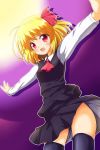  1girl ascot blonde_hair dress_shirt fang from_below gradient gradient_background hair_ribbon light long_sleeves looking_at_viewer open_mouth outline purple_background red_eyes ribbon rumia shadow shirt short_hair skirt solo thigh-highs touhou vest yakumo_nanahara 