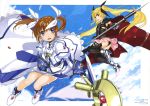  2girls absurdres armor bardiche black_dress black_legwear blonde_hair blue_eyes brown_hair dress fate_testarossa fingerless_gloves flying gloves greaves hair_ribbon highres holding kurogin long_hair looking_at_viewer lyrical_nanoha mahou_shoujo_lyrical_nanoha mahou_shoujo_lyrical_nanoha_a&#039;s mahou_shoujo_lyrical_nanoha_the_movie_2nd_a&#039;s miniskirt multiple_girls ocean raising_heart red_eyes ribbon short_hair skirt sky smile socks takamachi_nanoha thigh-highs title_drop twintails very_long_hair white_dress wind 